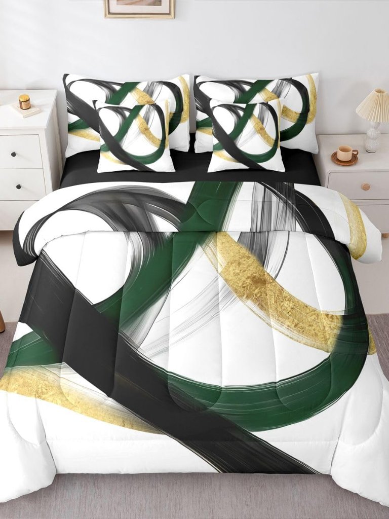 Abstract Black Gold 7 Piece Comforter Set Twin Geometric Green Minimalist Lines